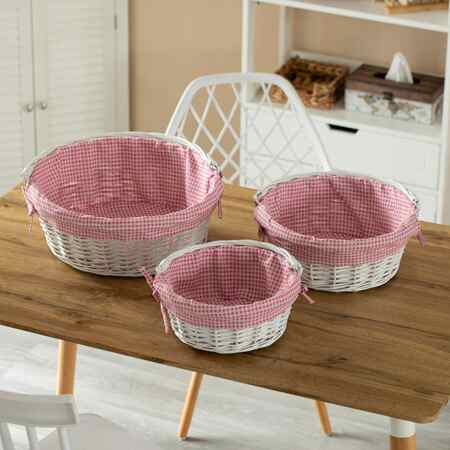 Wickerwise White Round Willow Gift Basket with Pink and White Gingham Liner and Sturdy Foldable Handles 3 Set QI004620.PK.3